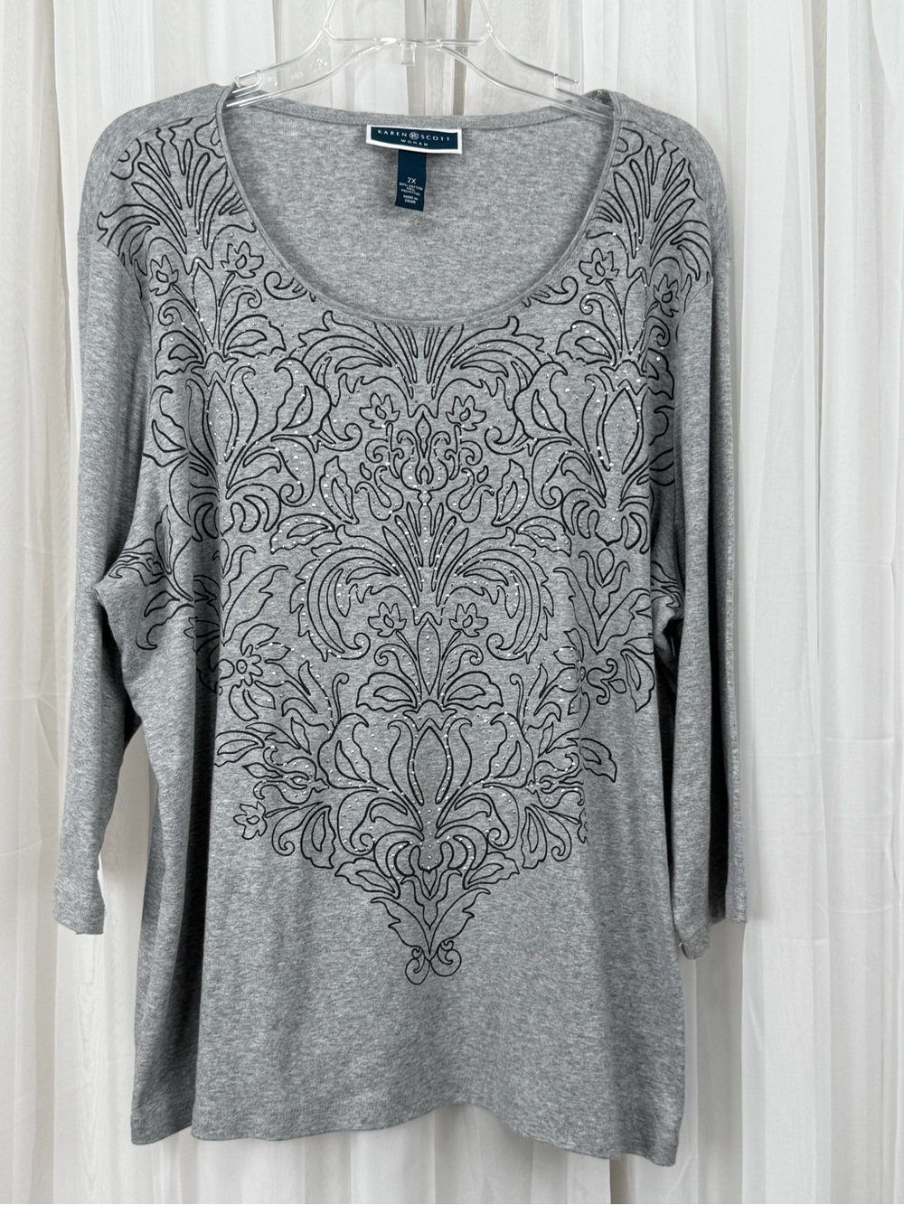 Karen Scott Woman 2X Gray Embellished Top Scoop Neck 3/4 Sleeve Plus